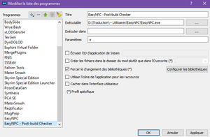 EasyNPC lié dans les Programmes de MO2 avec l'argument du Post-build Checker